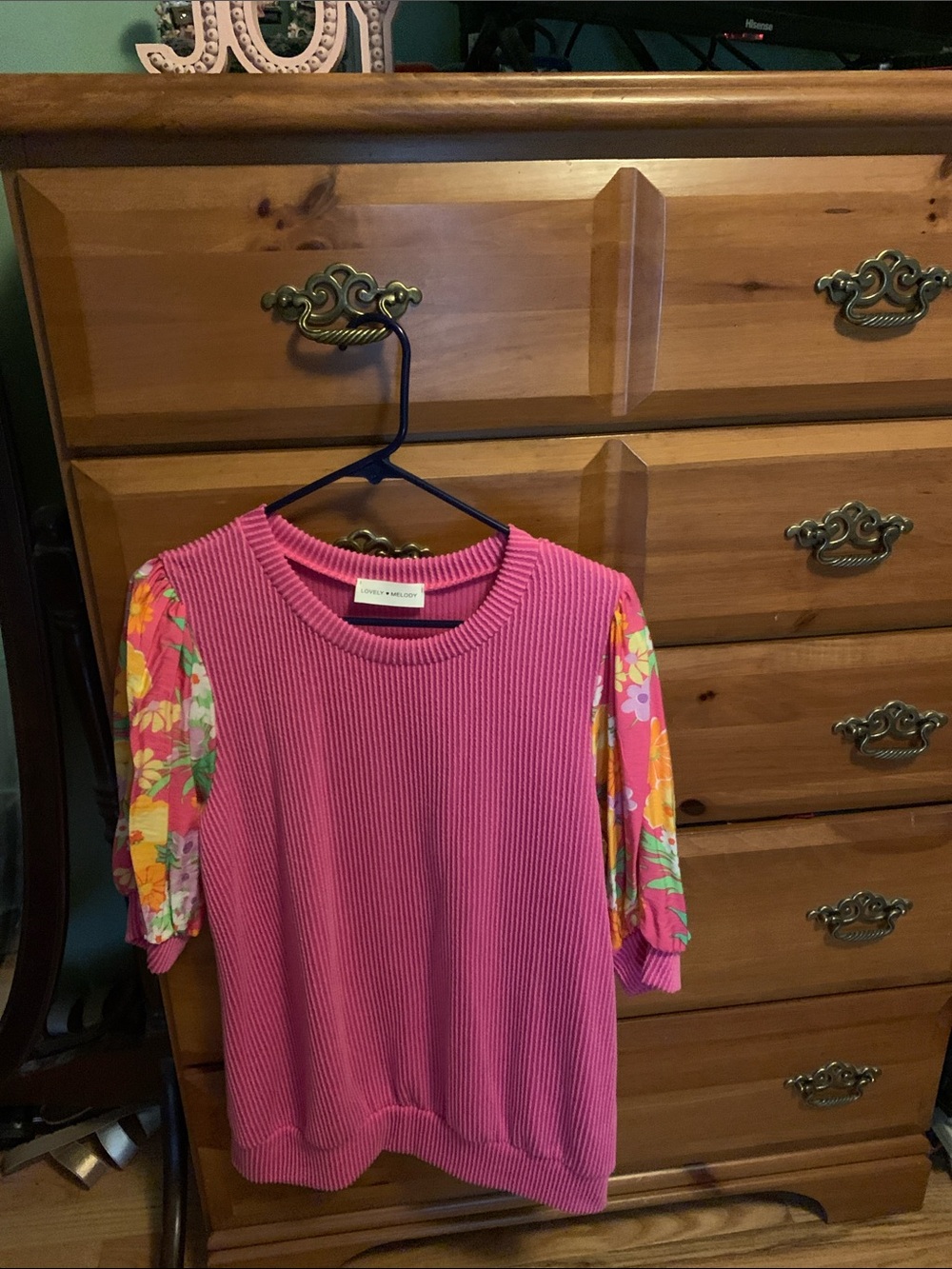 Lovely Melody Pink Ribbed Sweater Top with Floral Puff Sleeves